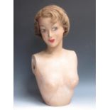 An early 20th Century plaster mannequin Bust with short blonde hair, stamped Imans, Paris 1ft 11in H