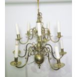 A cast brass 2 tier, 10 branch Dutch-style light fitting