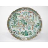 A Chinese large Saucer Dish painted figures, etc, in famille verte enamels, 14in diam, small repair