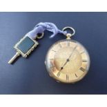 A Continental 18ct gold cased open faced key wind Fob Watch the floral engraved dial with roman