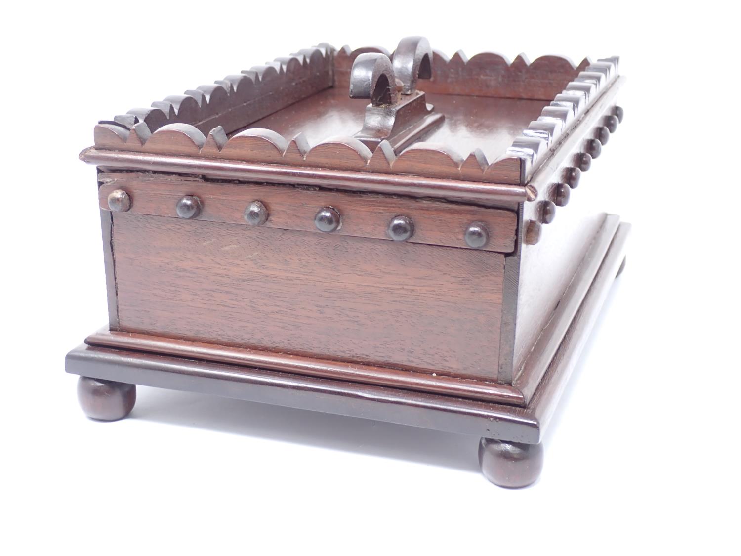 A 19th Century mahogany Anglo-Indian Box with sliding lid and ram's horn handle mounted upon ball - Image 3 of 3