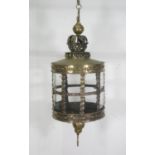 A large brass circular Hanging Lantern with embossed friezes and crown surmount, 2ft 6in