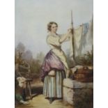 AUGUSTE DELACROIX (1809-1868) 'Hanging out the Washing', signed, watercolour, 11 ¼ x 8 in.