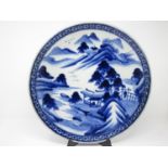 A blue and white Charger painted mountainous landscape, 14 1/2 in, and six various Imari Plates,