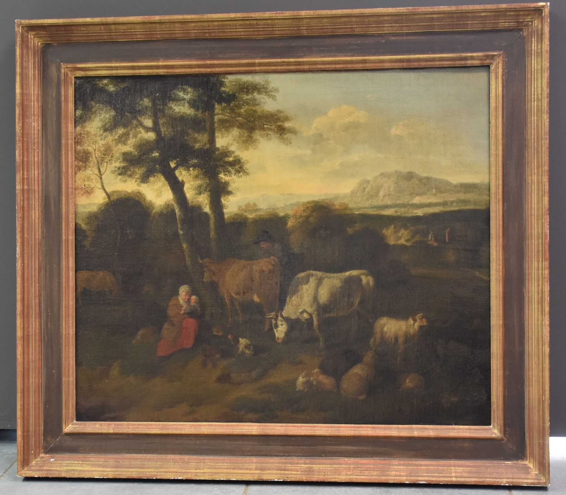 Flemish school XVII. The shepherd's family and his flock in the mountains. Oil on canvas (restoratio