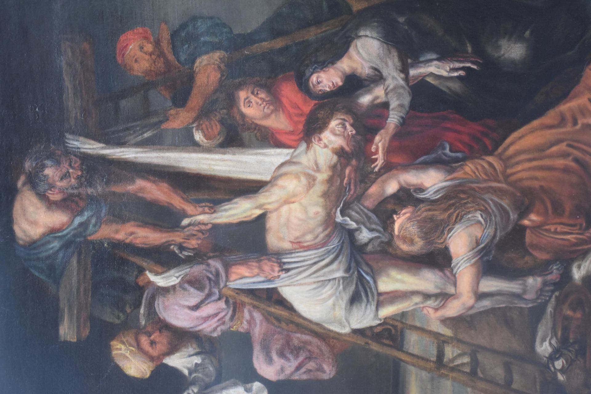 Descent from the cross. Antwerp school XVIIIth century in the spirit of Rubens. Framed. Old restorat - Bild 2 aus 3