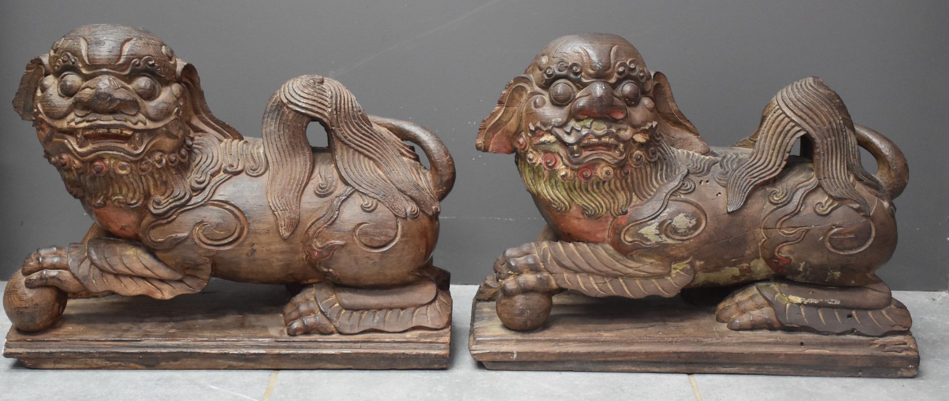 Two carved ironwood dogs, left front paw resting on a sphere, remains of polychromy. China end of 19