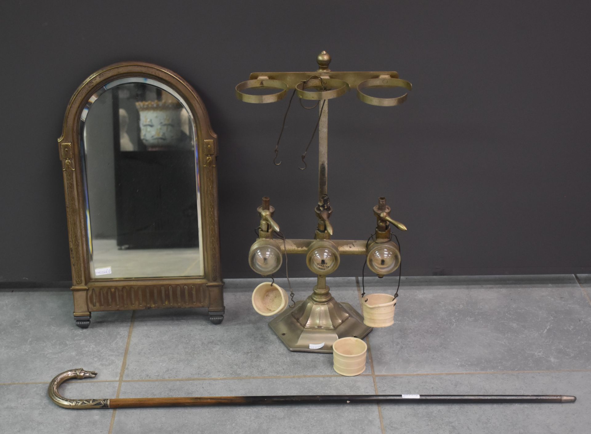 Lot varia including a cane whose stick forms a horse's head, an art deco metal mirror and a bar foun