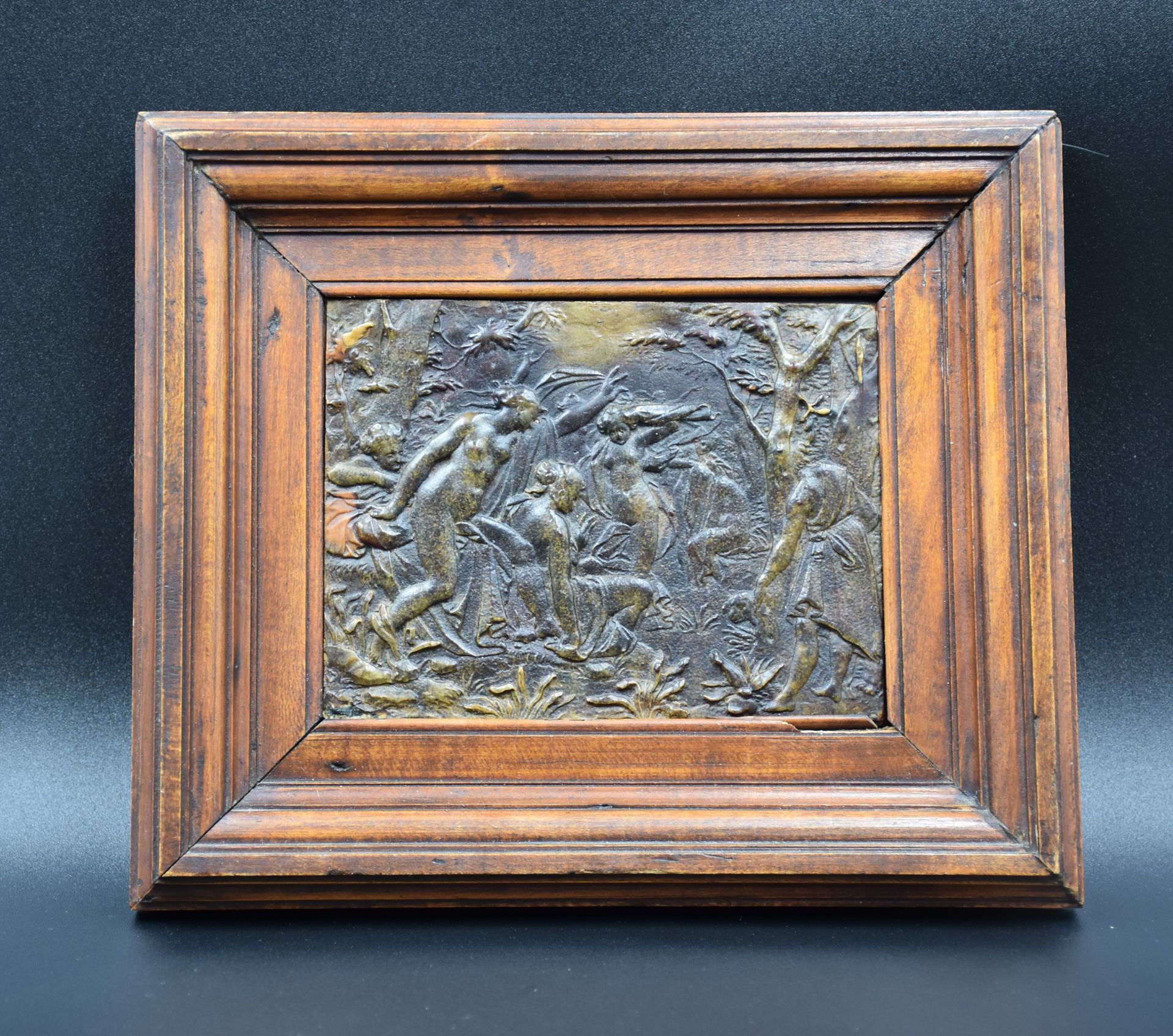 Neoclassical terracotta low relief with naiads at the edge of the wood. Trace of a wax stamp on the 