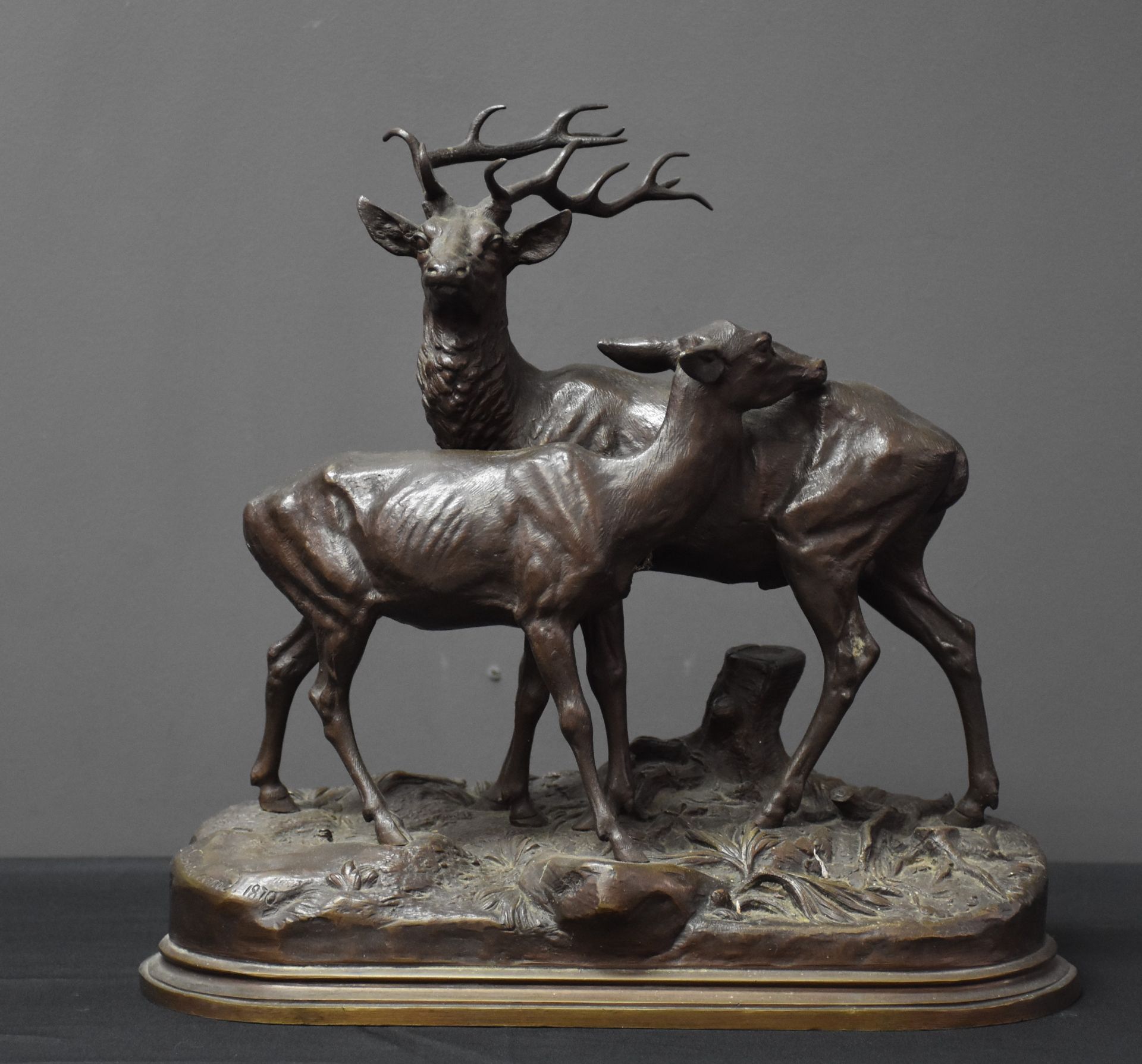 Alfred DUBUCAND (1828-1894). The stag and the doe. Bronze with brown patina. Ht : 28 cm.