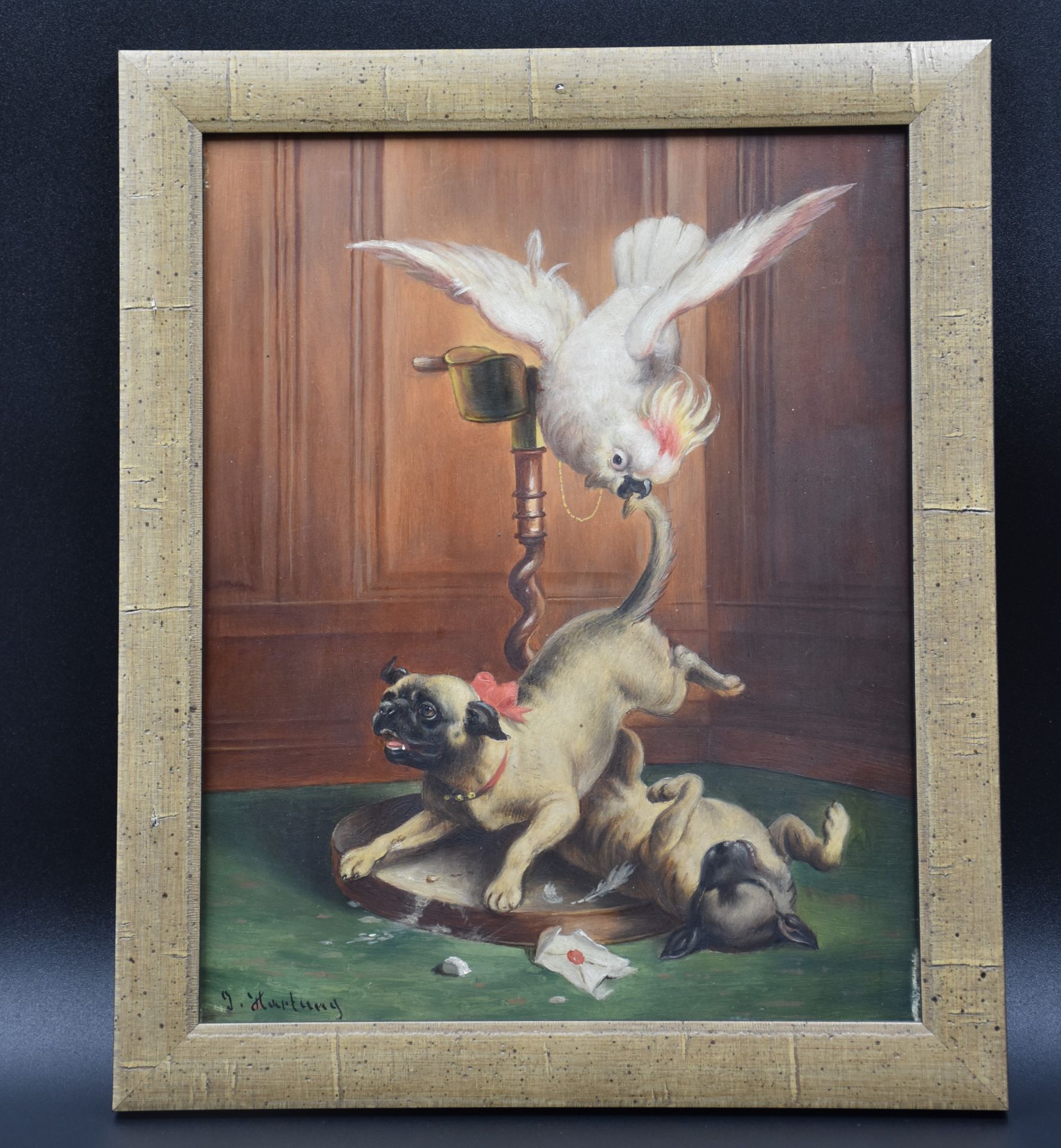 Carl REICHERT (1836-1918). Oil on mahogany panel representing an animal scene: the pugs and the parr