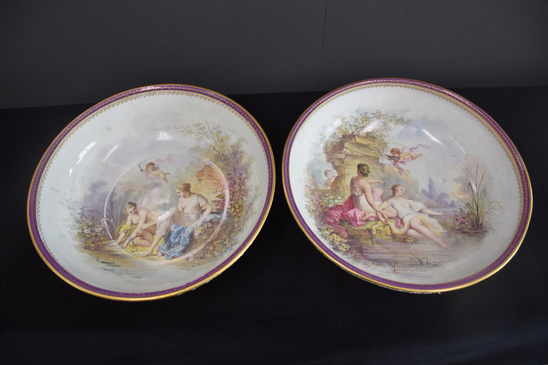 Eugene POITEVIN (for Sèvres ? or in the taste). Important pair of basins with romantic decoration of - Image 2 of 7