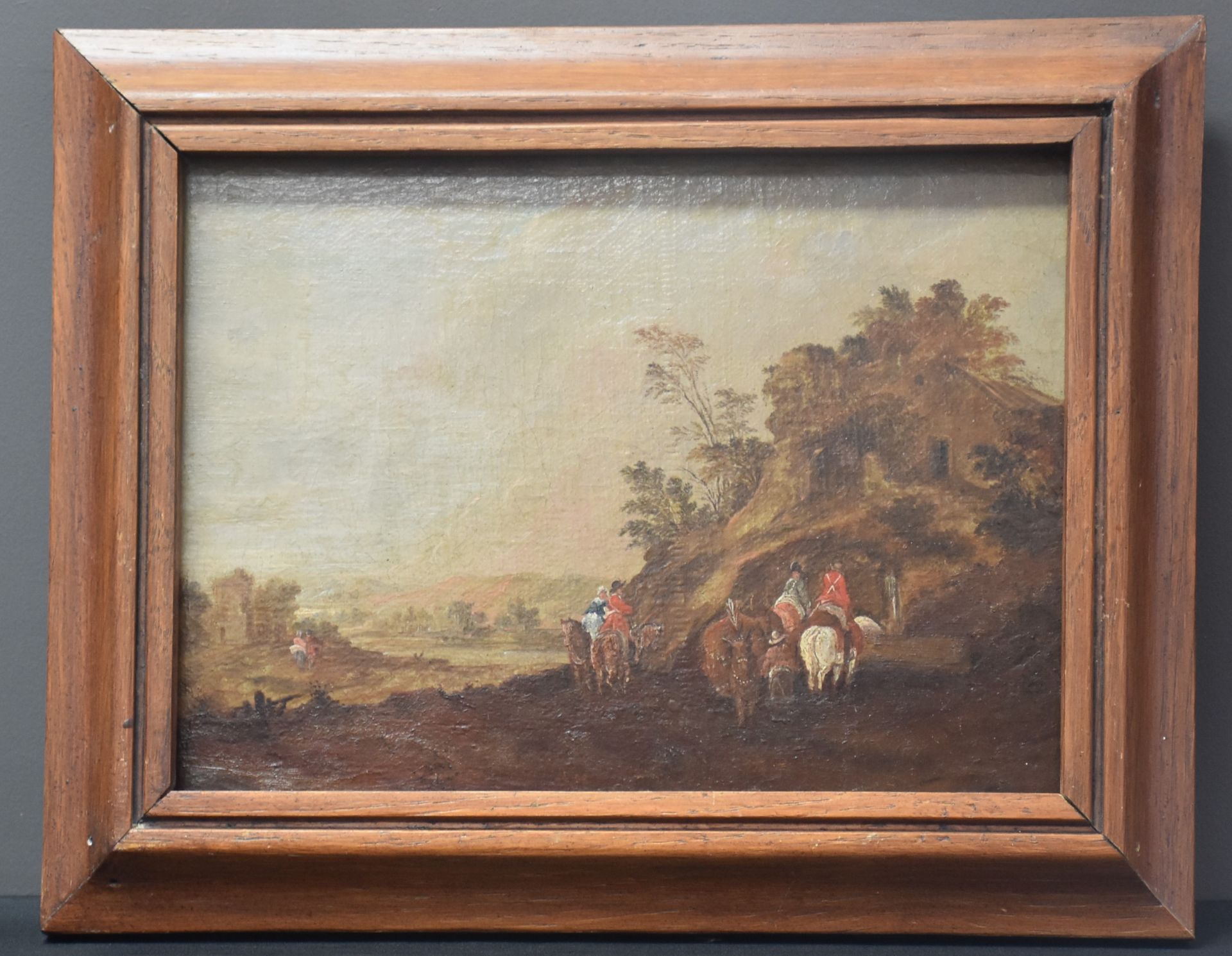 The stop of the horsemen at the spring. Flemish school XVIIth century. Oil on canvas mounted on