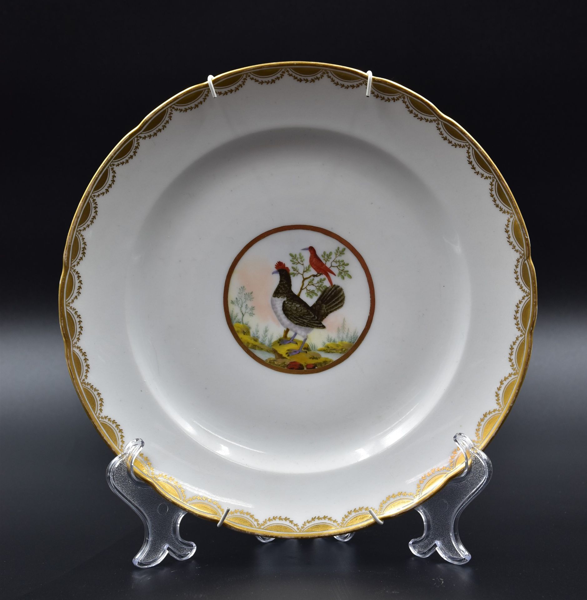A late 18th century porcelain plate with polychrome decoration of birds.