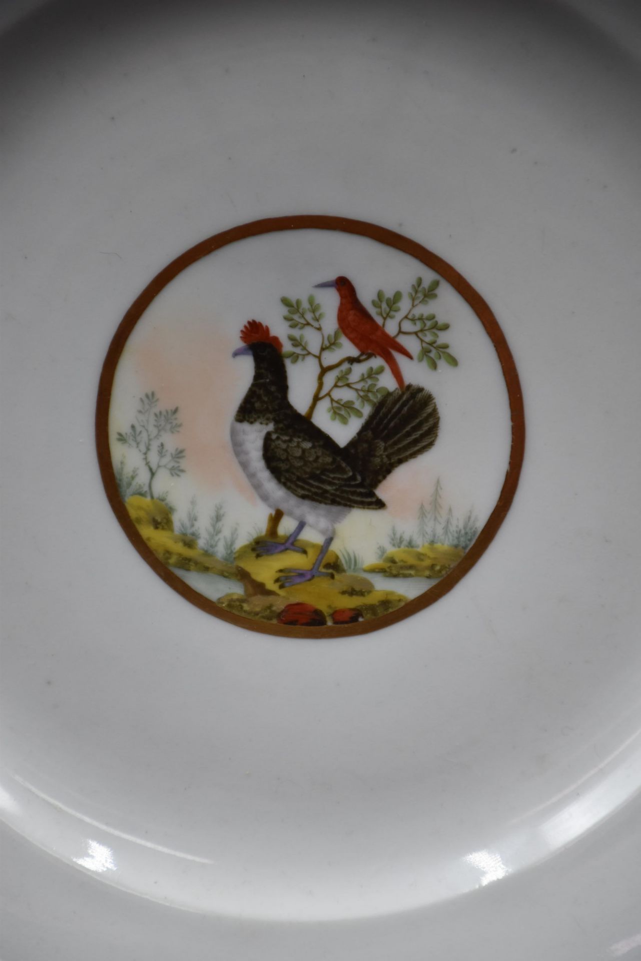 A late 18th century porcelain plate with polychrome decoration of birds. - Image 2 of 3