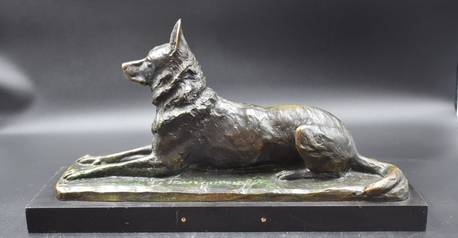 Pierre Nicolas TOURGUENNEFF (1854-1912) Sheepdog lying down. Bronze with green patina. Foundry stamp - Bild 3 aus 4