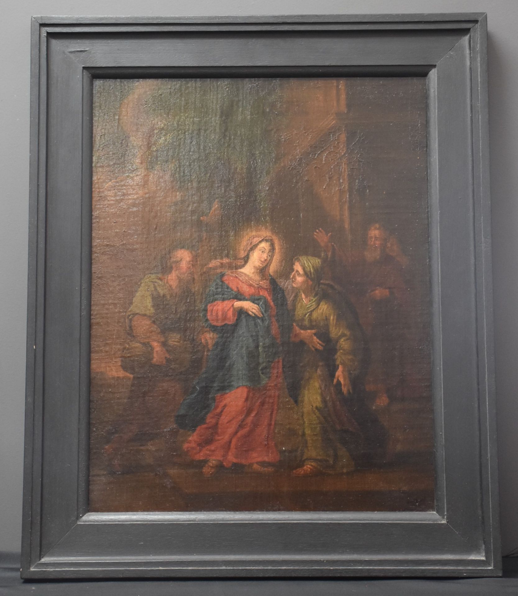 The visitation of the virgin. Antwerp school XVIIth century on canvas. Older canvas framing.