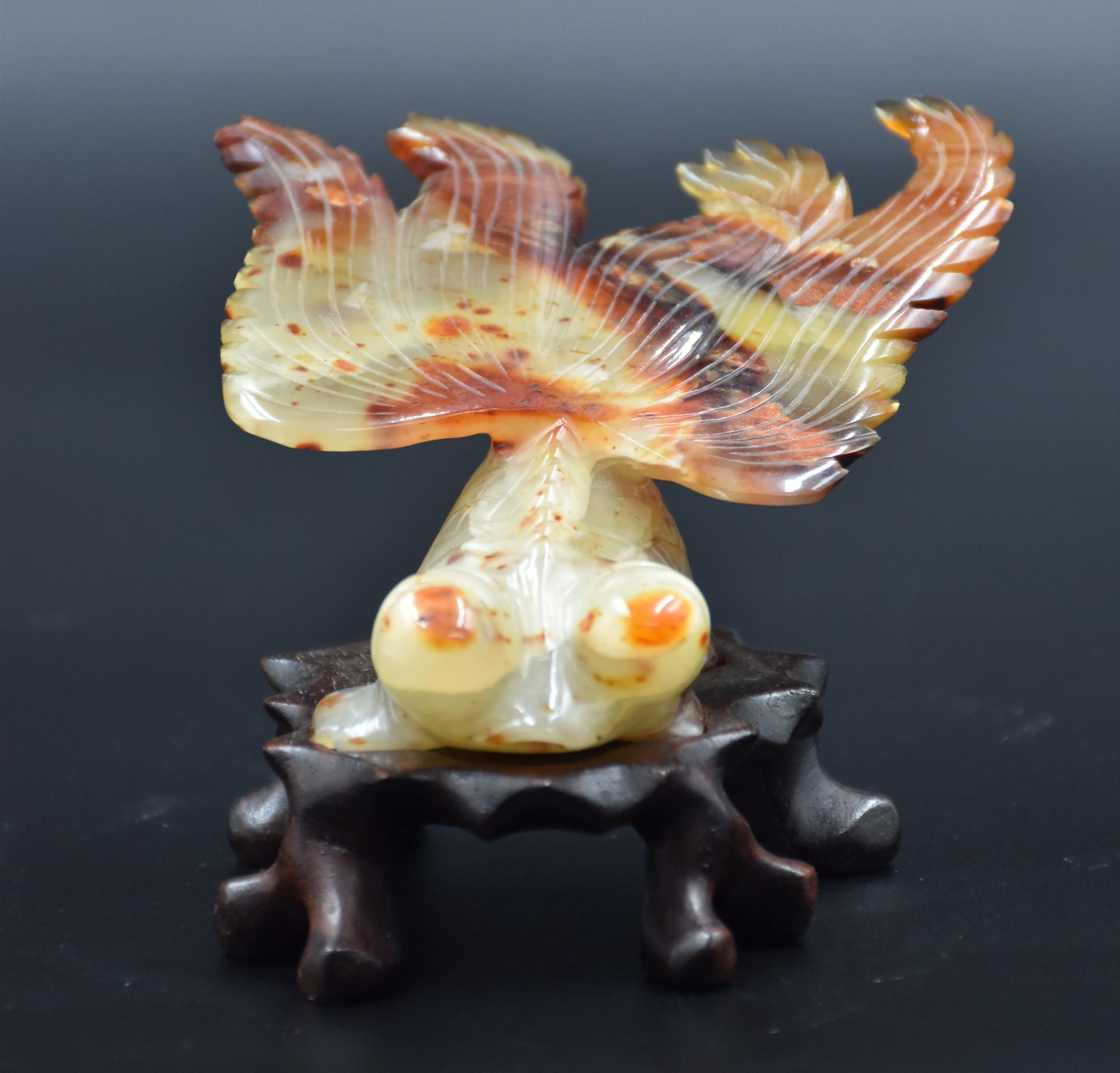China. Fantastic animal in stone of Jade type on its original wooden base. Small crack to a wing.