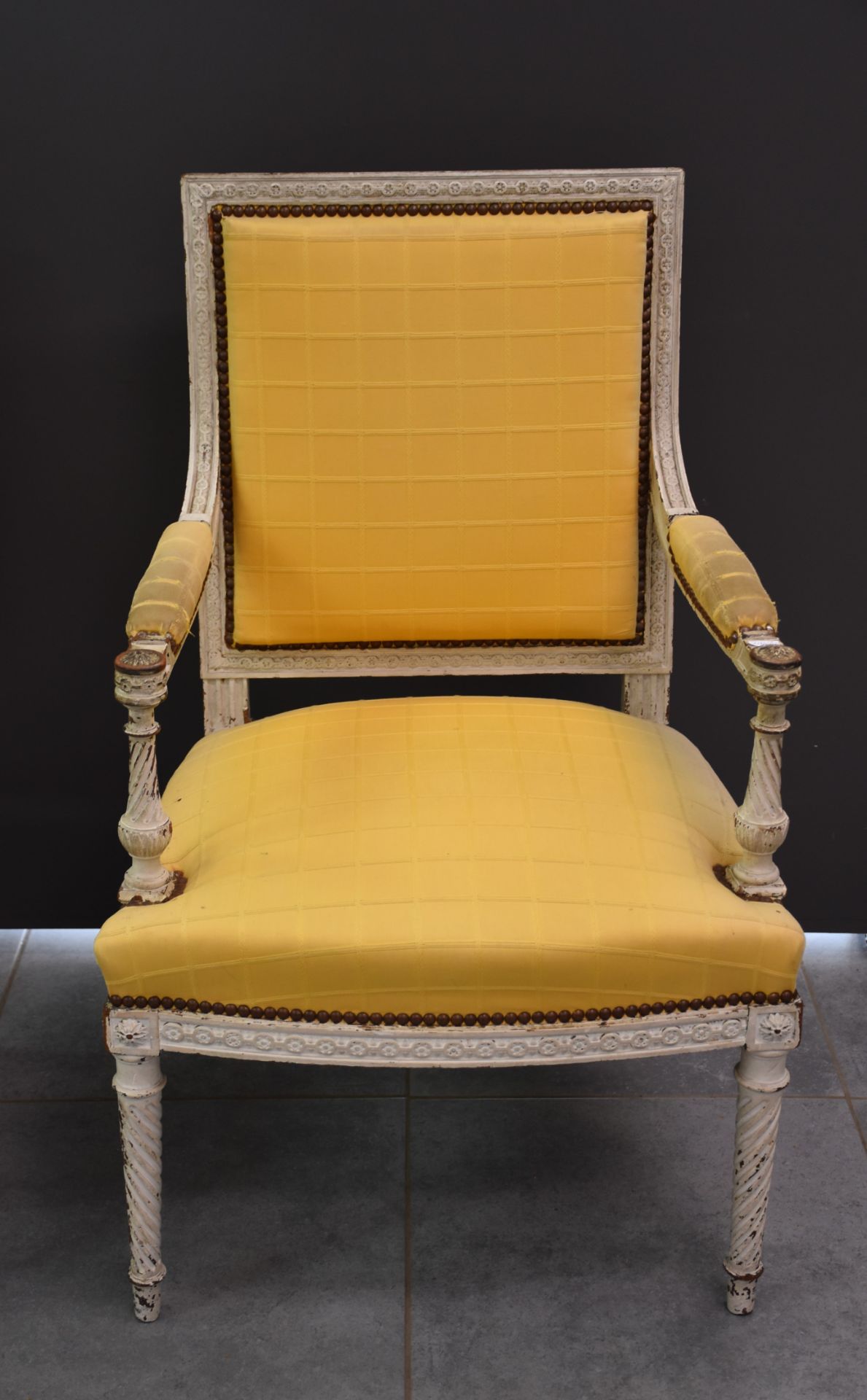 Pair of Louis XVI style armchairs with grey patina. - Image 3 of 4