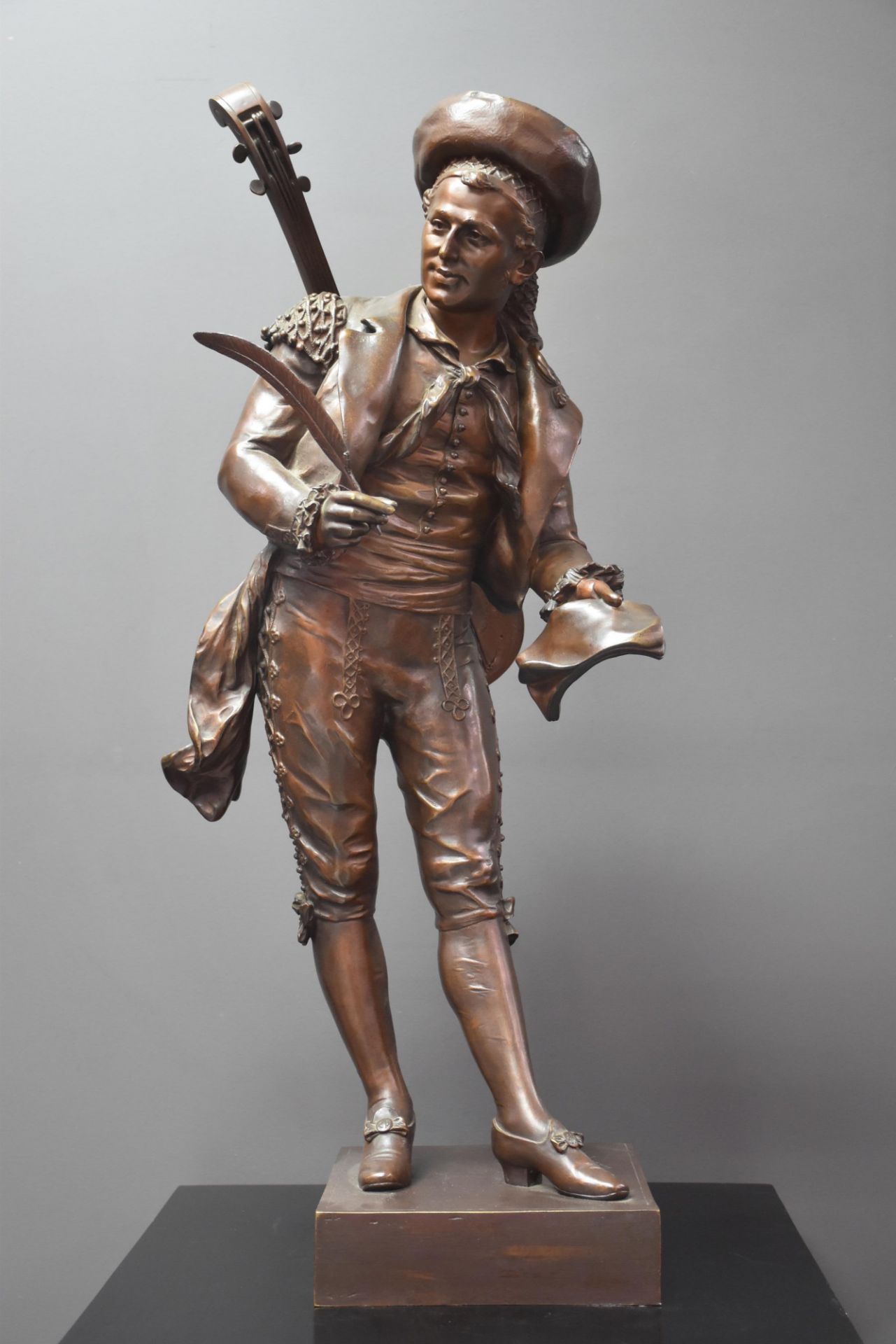 Nicolas LECORNEY (active around 1880). Figaro. Beautiful bronze with brown patina. Ht : 83 cm.