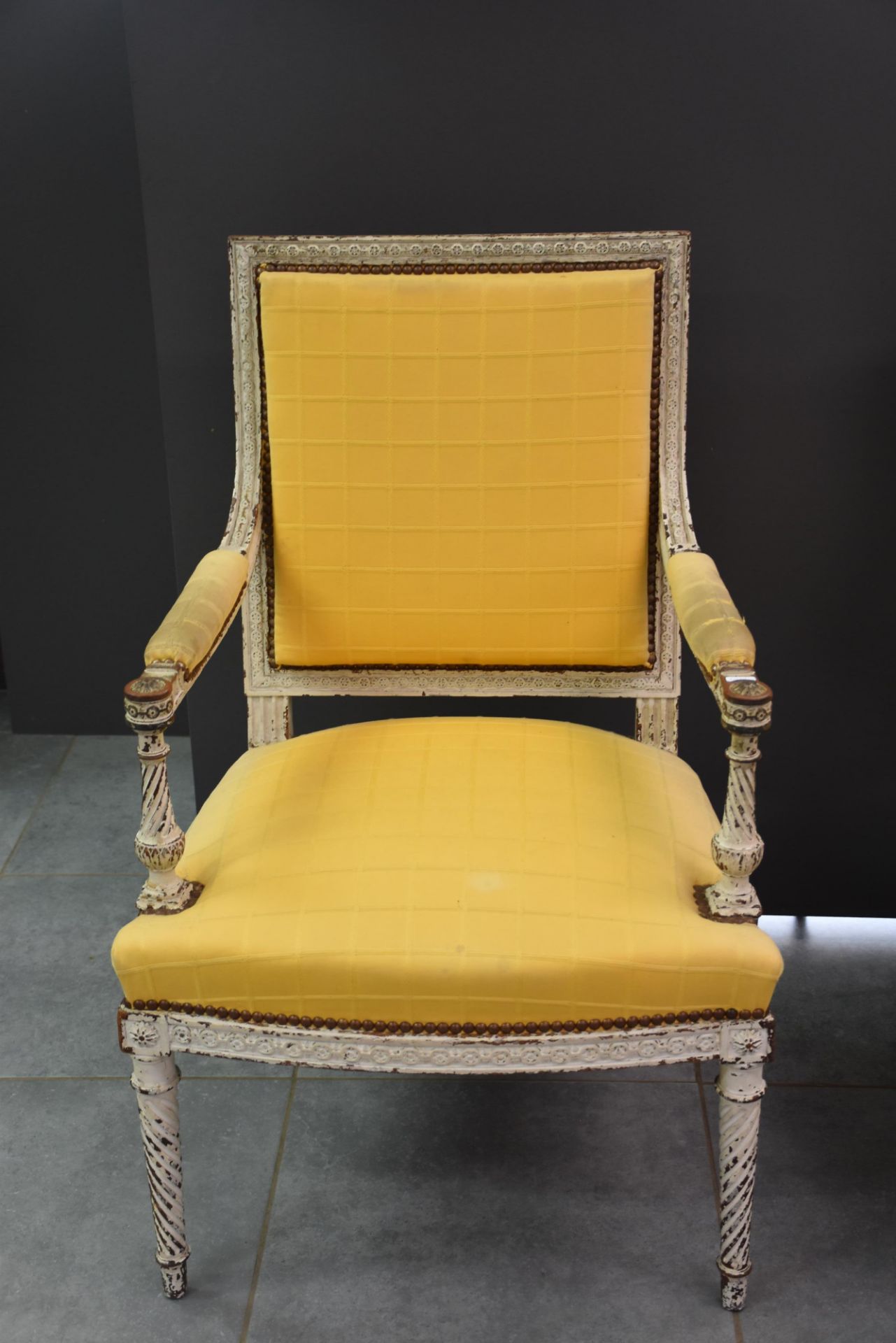 Pair of Louis XVI style armchairs with grey patina. - Image 4 of 4