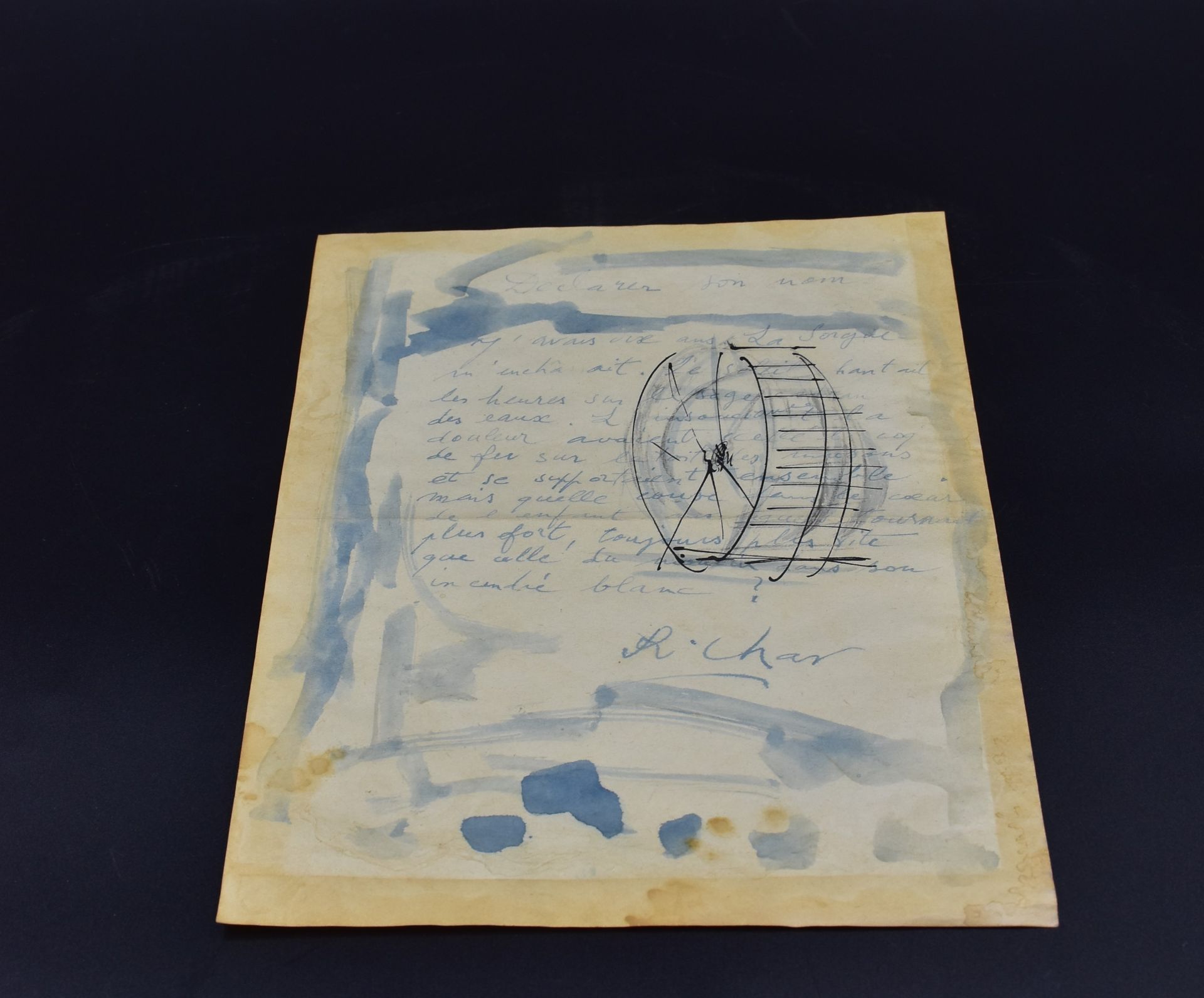 René Char (1907-1989). Watercolor poem with a paddle wheel Dimension: 21x 29 cm.