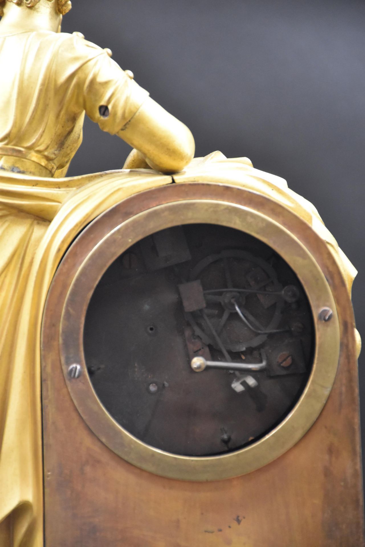 Gilt bronze clock with antique subject. Restoration period. Missing the hands. (No key or - Image 4 of 4