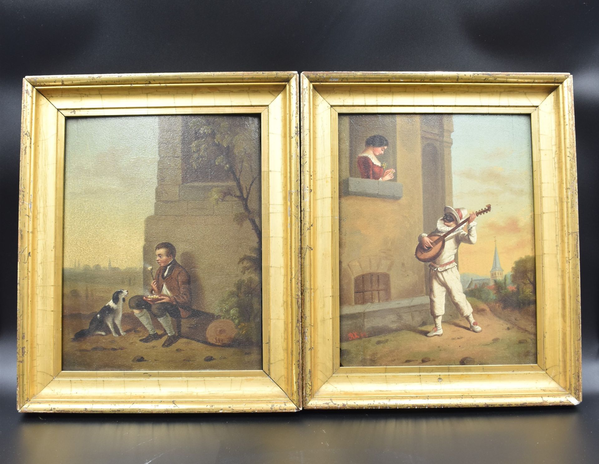 Pair of romantic country paintings. The serenade and the faithful friend. Monogrammed and dated