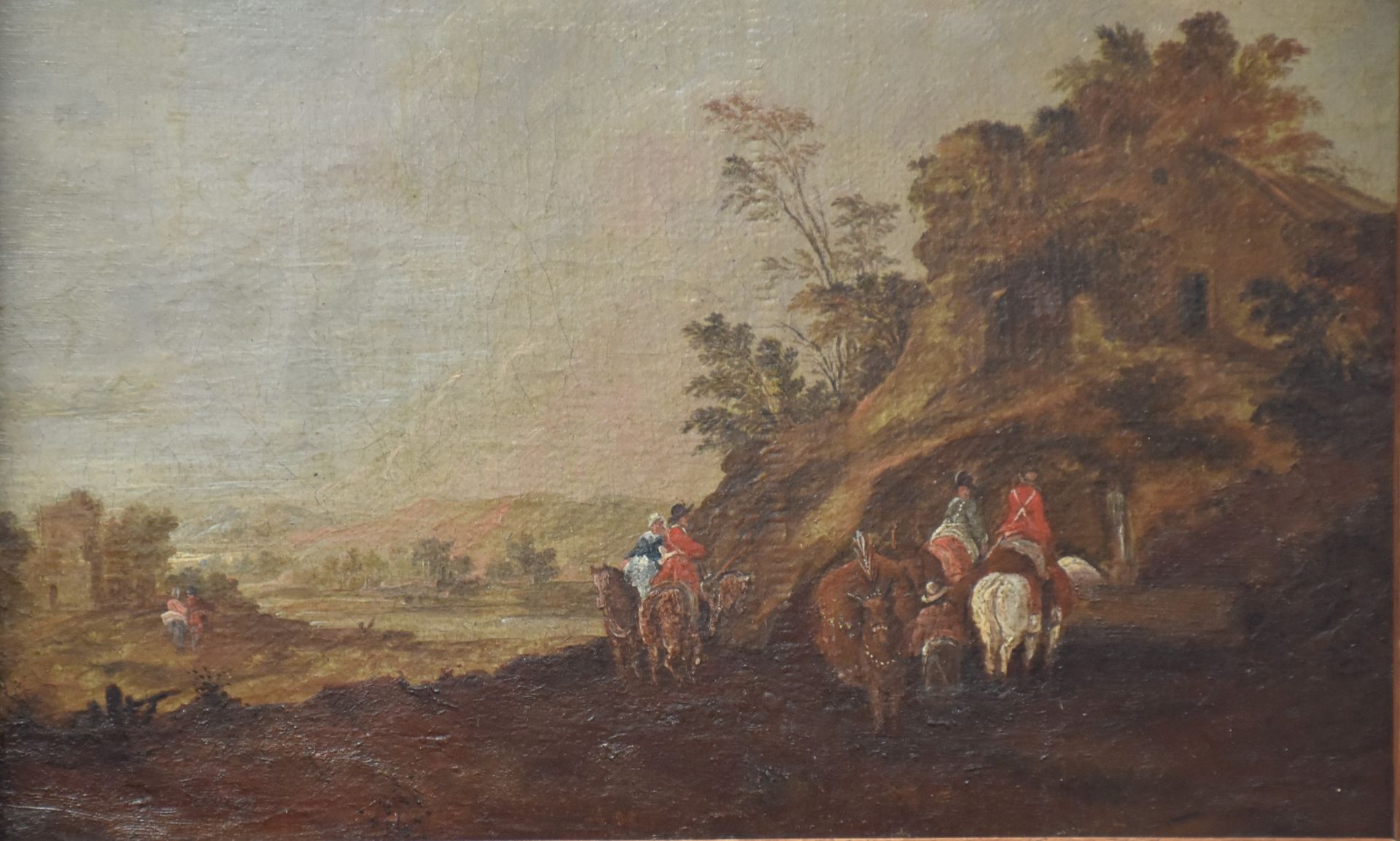 The stop of the horsemen at the spring. Flemish school XVIIth century. Oil on canvas mounted on - Image 3 of 4