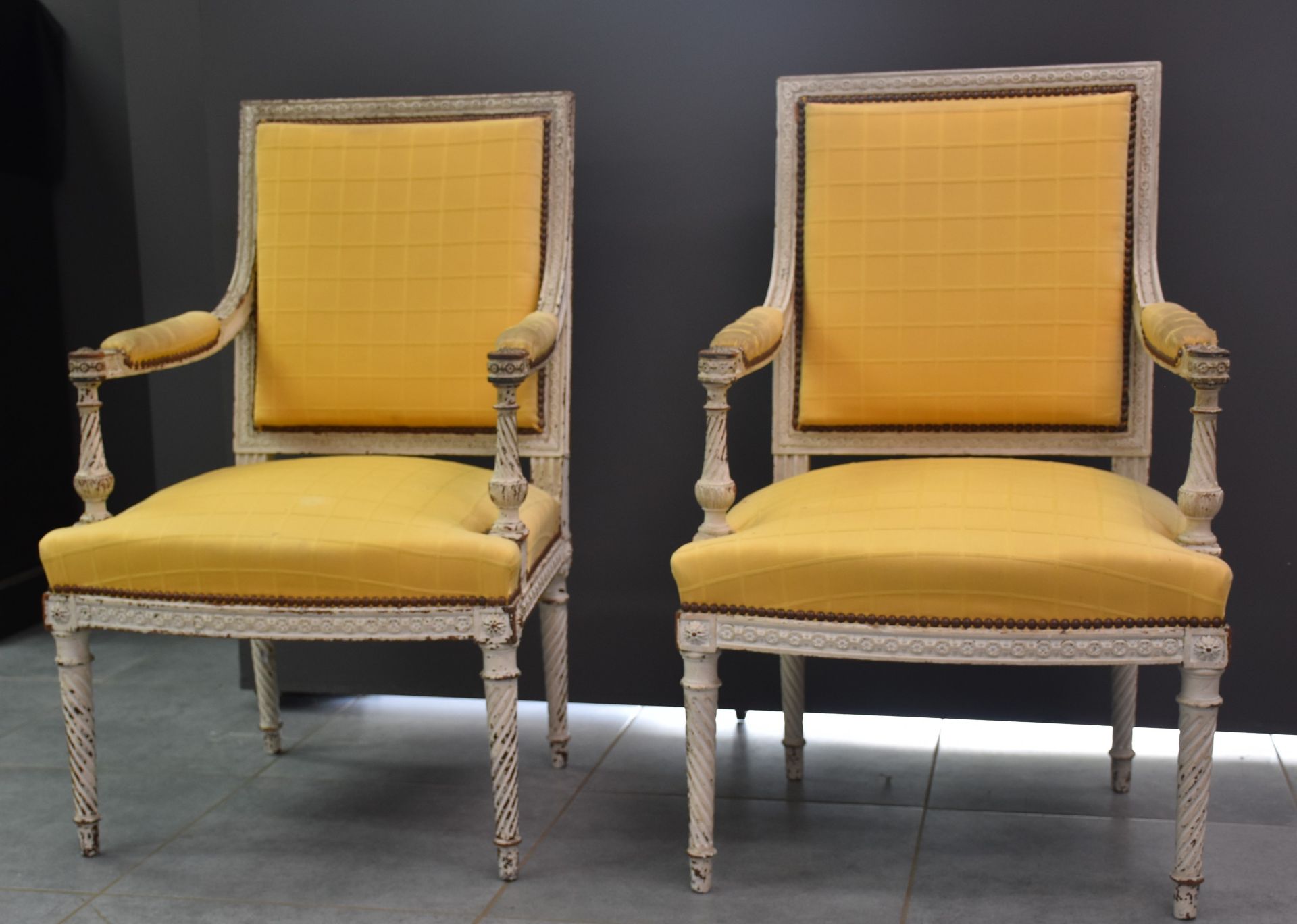 Pair of Louis XVI style armchairs with grey patina. - Image 2 of 4