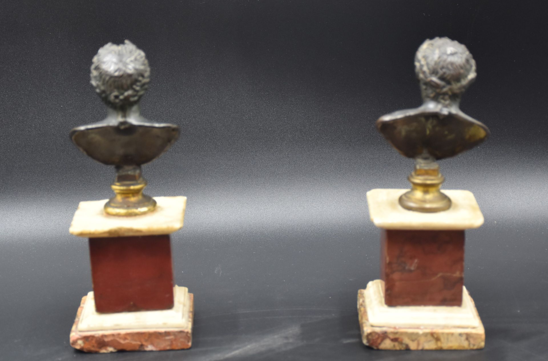 Pair of antique bronze busts on square marble bases composed of three different species. Bronze - Image 4 of 4