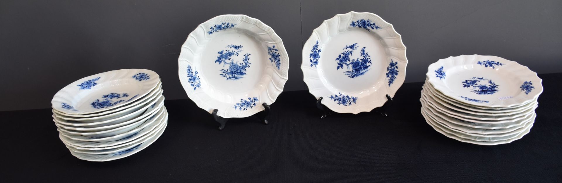 Set of 24 plates (12 hollow and 12 flat) in Tournai porcelain with Ronda, wicker and twisted ribs