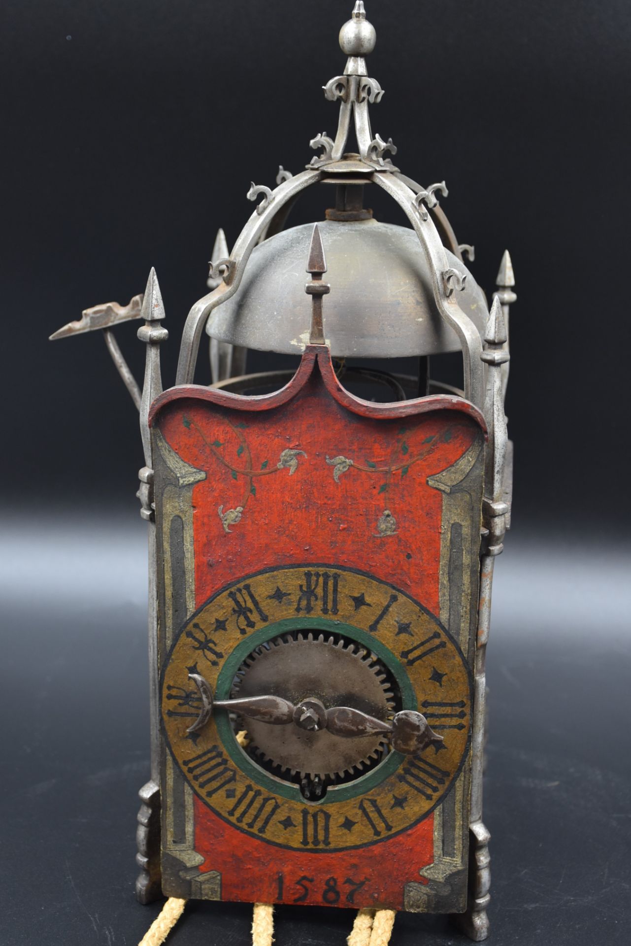Iron lantern clock with painted dial and dated 1587 Switzerland, Winterthur. Attributed to Earhart - Image 2 of 4