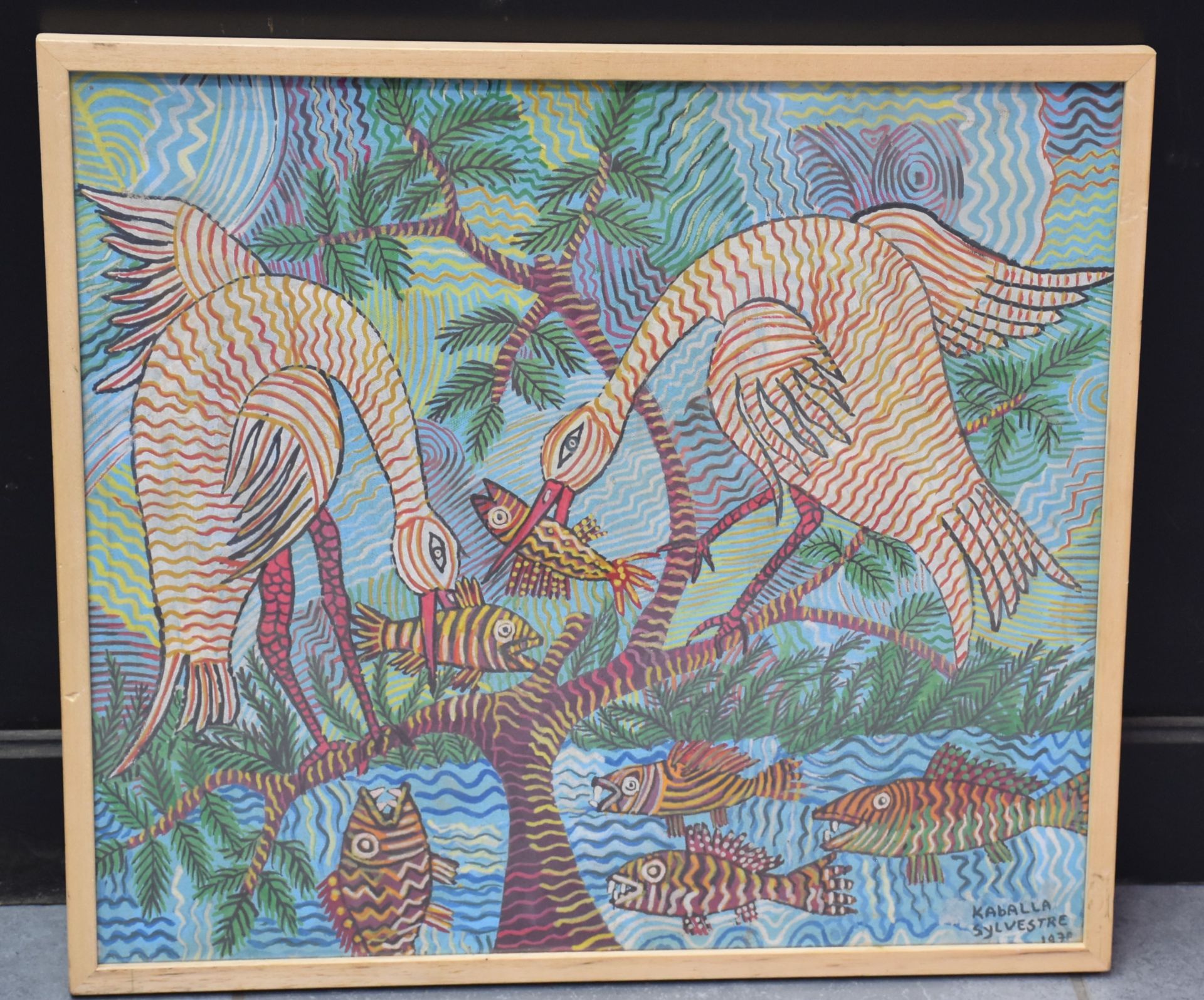 Sylvestre KABALLA (born in 1920). Waders catching fish. Mixed media, acrylic on canvas board.