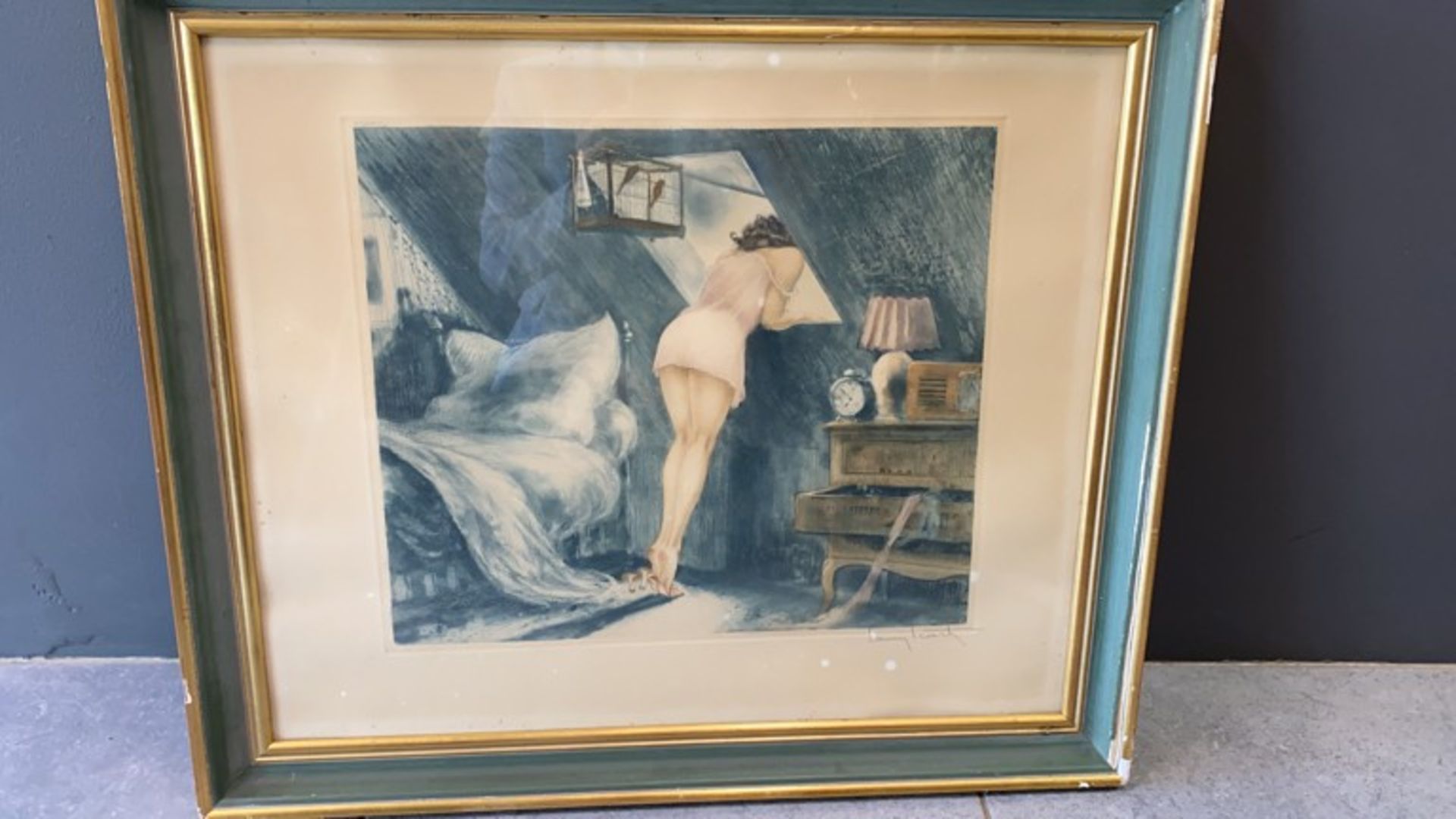 Louis ICART (1888-1950). Color lithograph. "At the window". Signed and Copyrighted in the upper left