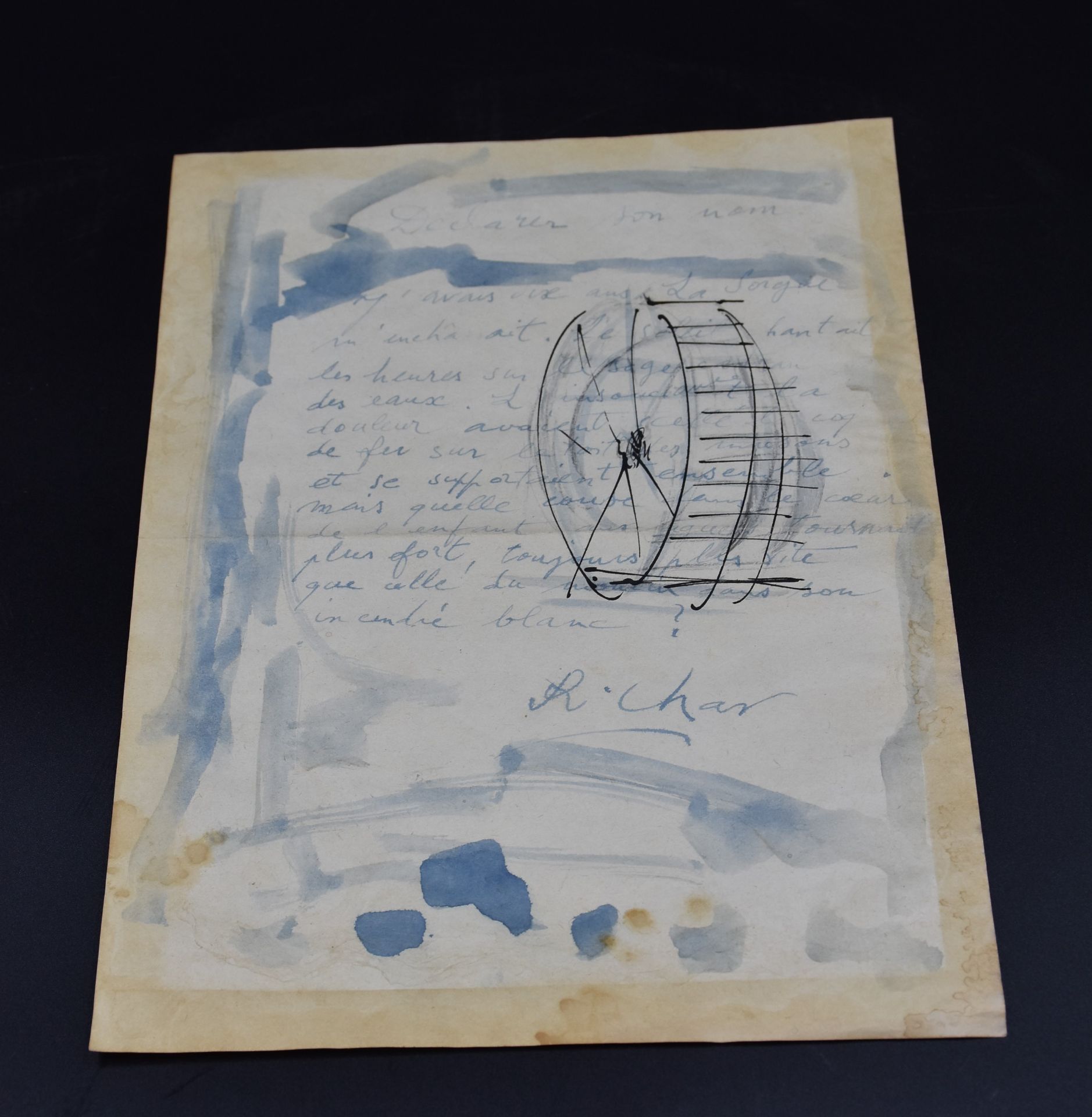 René Char (1907-1989). Watercolor poem with a paddle wheel Dimension: 21x 29 cm. - Image 2 of 2