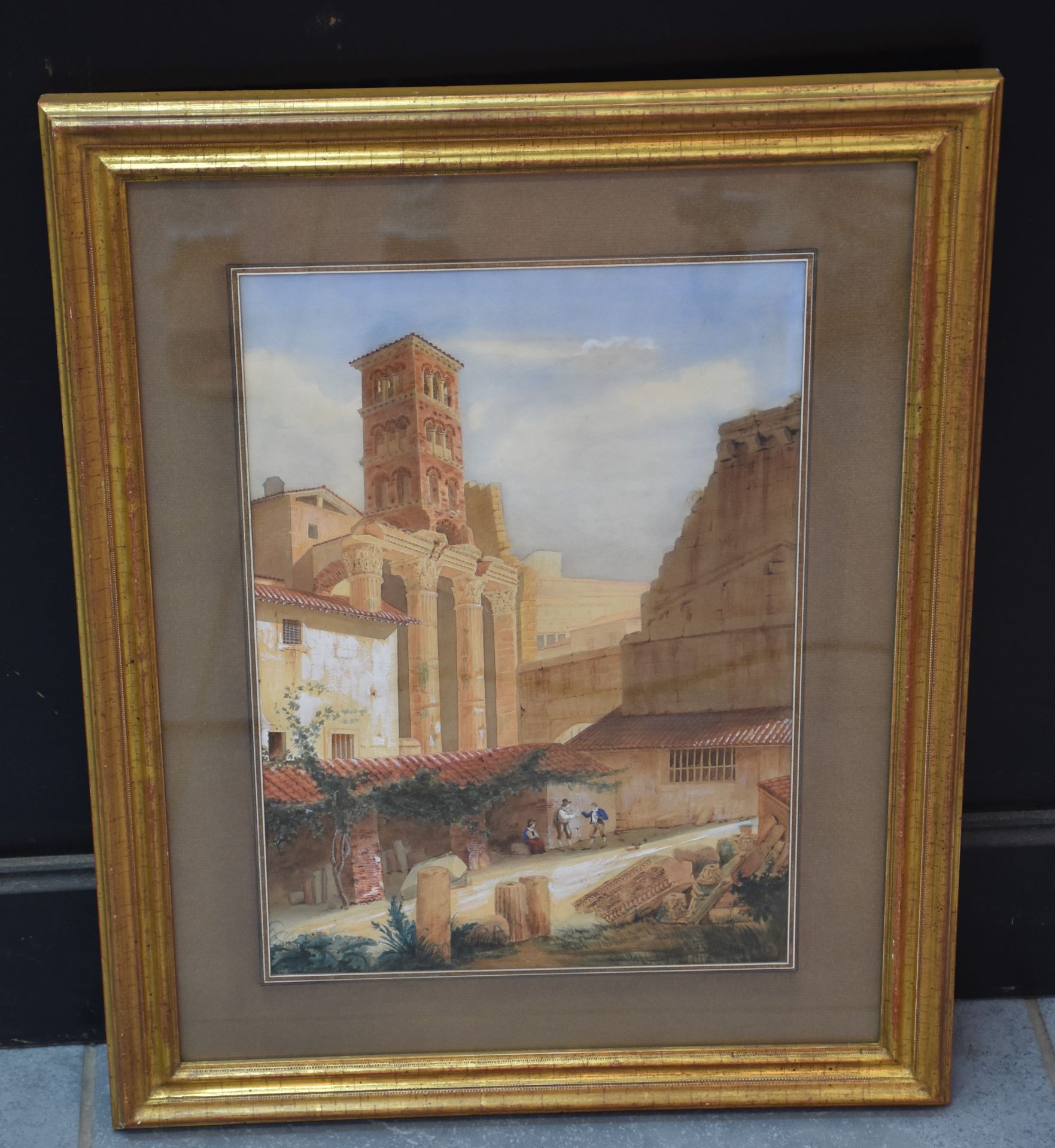 Gouache around 1840. View of Rome. Remains of the forum of Nerva. Size : 24 x 35 cm.