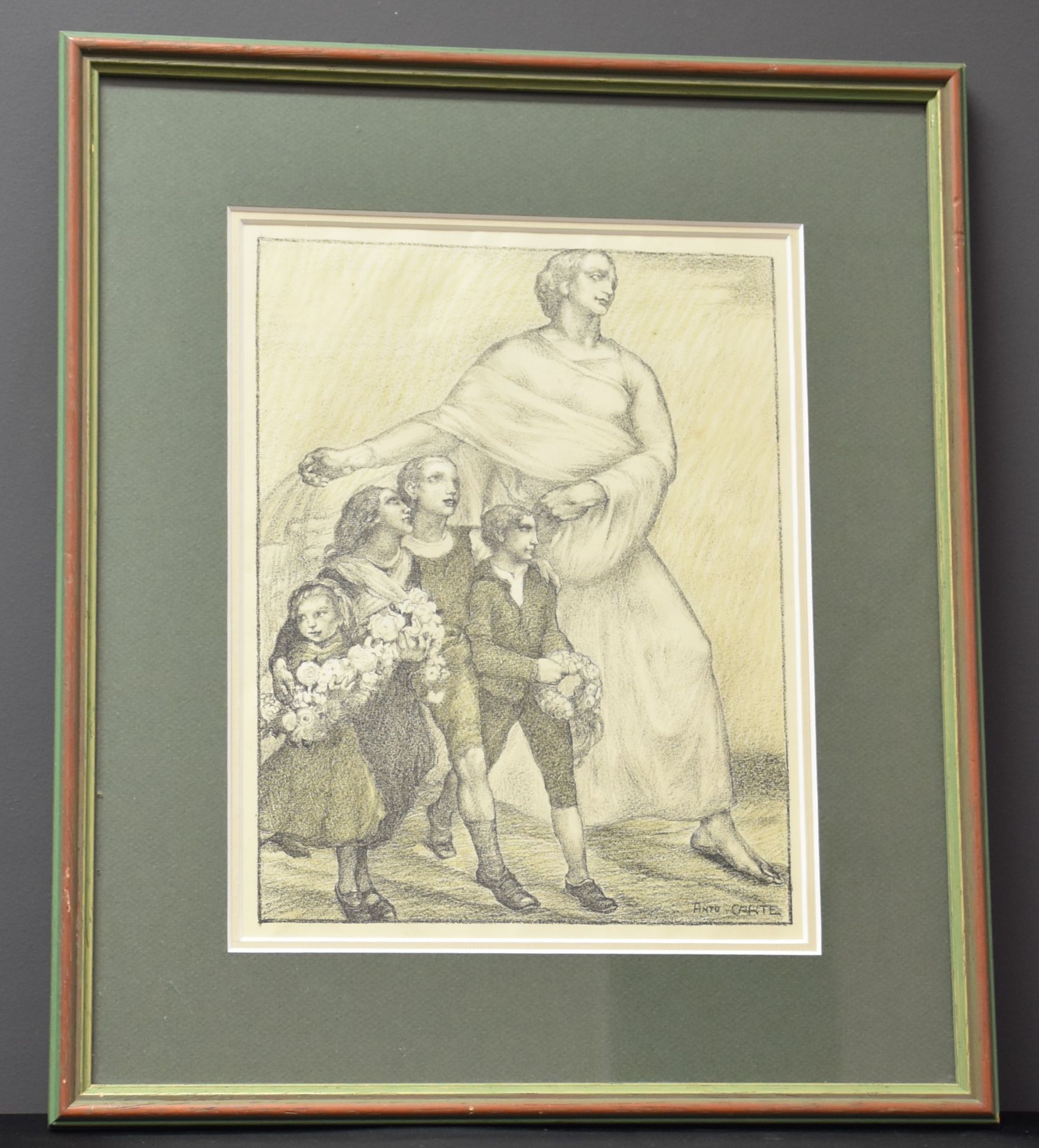 Anto CARTE( 1886-1954). Lithography, the mother and the children with flowers. Size : 28 x 21 cm.