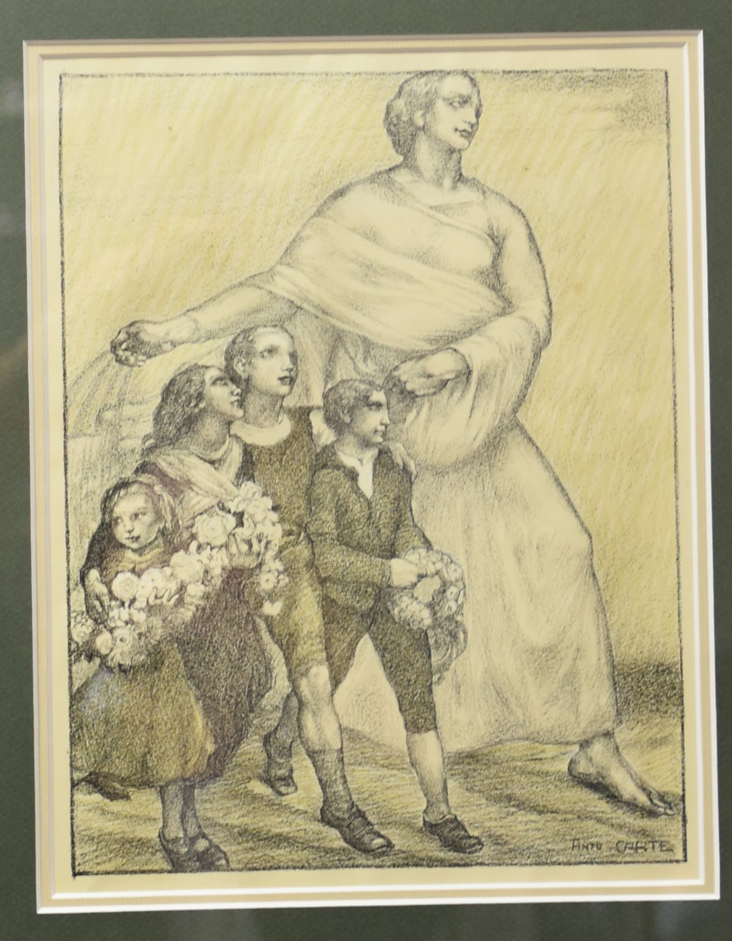 Anto CARTE( 1886-1954). Lithography, the mother and the children with flowers. Size : 28 x 21 cm. - Bild 2 aus 4