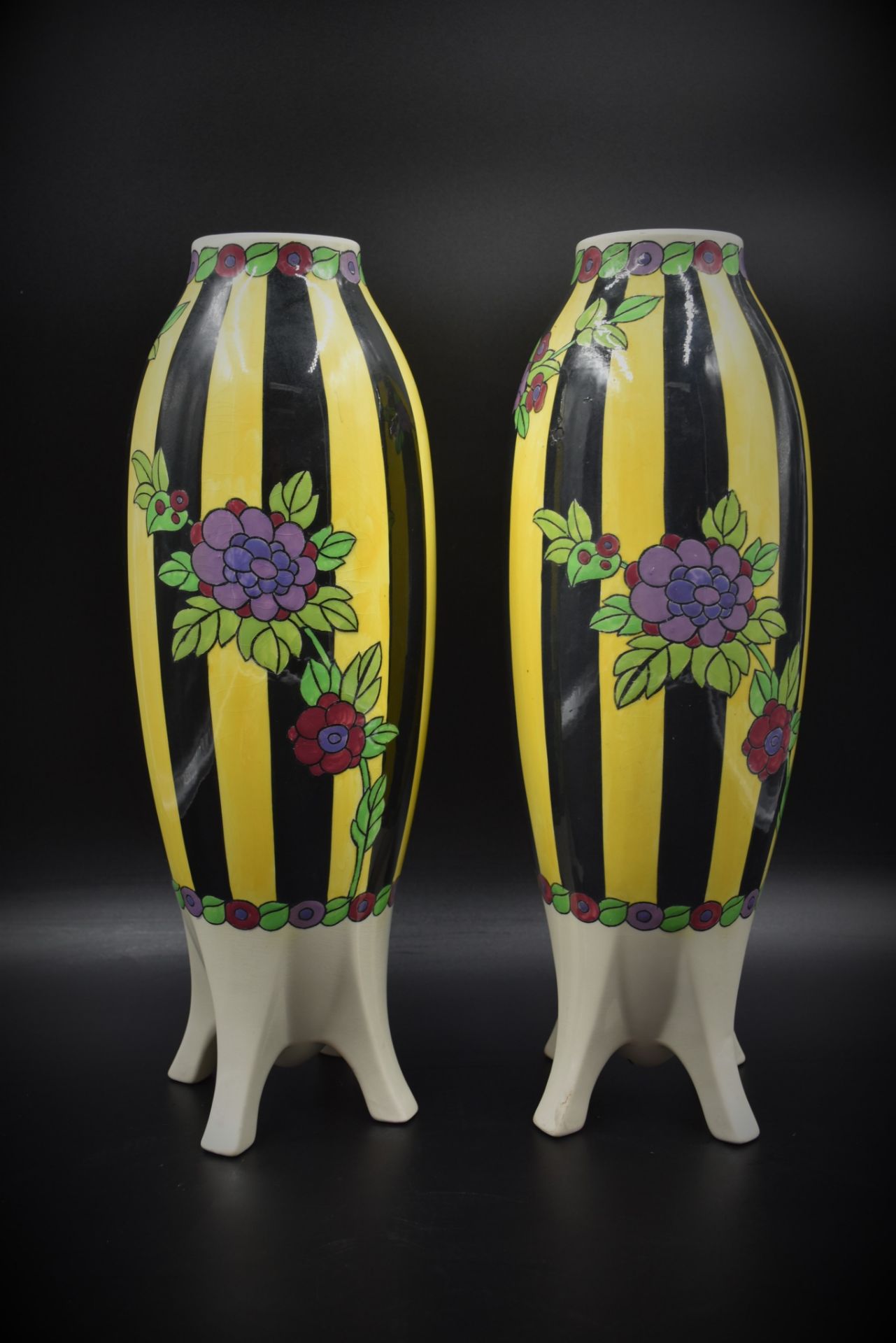 Pair of Boch Kéramis vases decorated with flowers on yellow and black horizontal bands. Spindle - Image 2 of 5