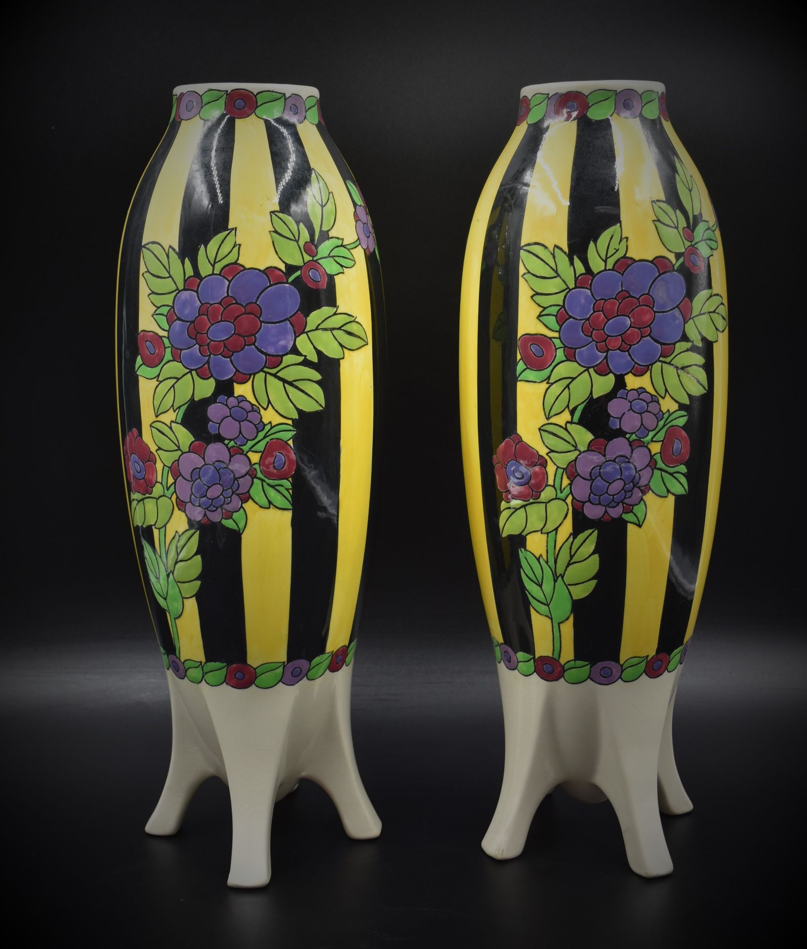 Pair of Boch Kéramis vases decorated with flowers on yellow and black horizontal bands. Spindle