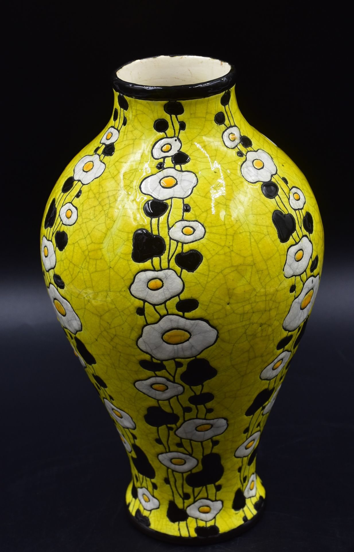 Boch Kéramis enamel vase with crackled yellow background, modernist decoration. D.815 Ht : 27 cm.