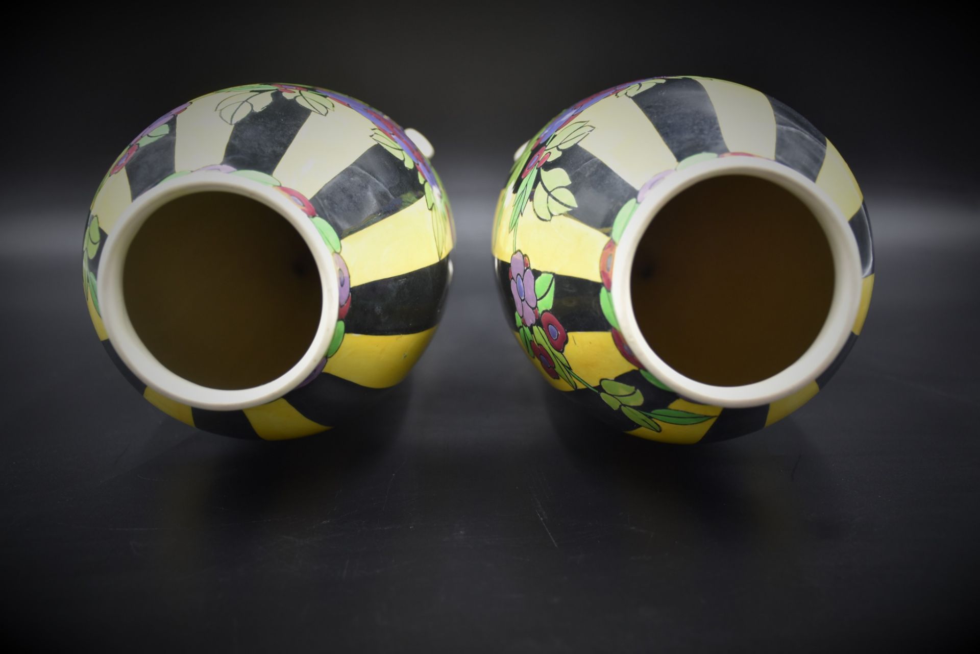 Pair of Boch Kéramis vases decorated with flowers on yellow and black horizontal bands. Spindle - Image 4 of 5