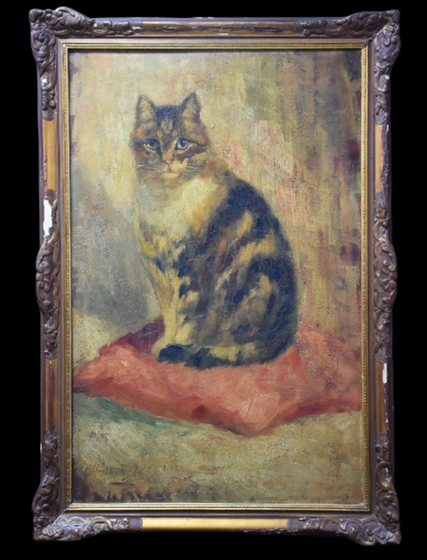 L. Manouriez (XIX). The cat on his red cushion. Oil on canvas. 71 cm x 45 cm. Chips in the frame.