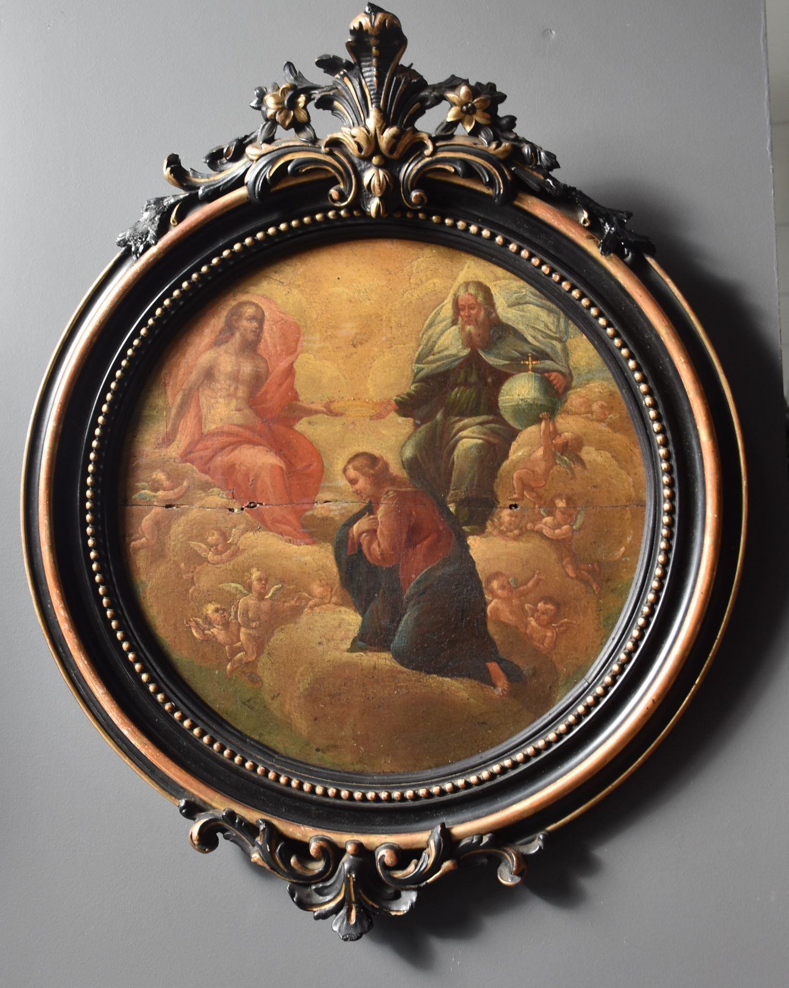 The coronation of the Virgin Mary. Antwerp school end of XVII-beginning of XVIII century. Oil on oak