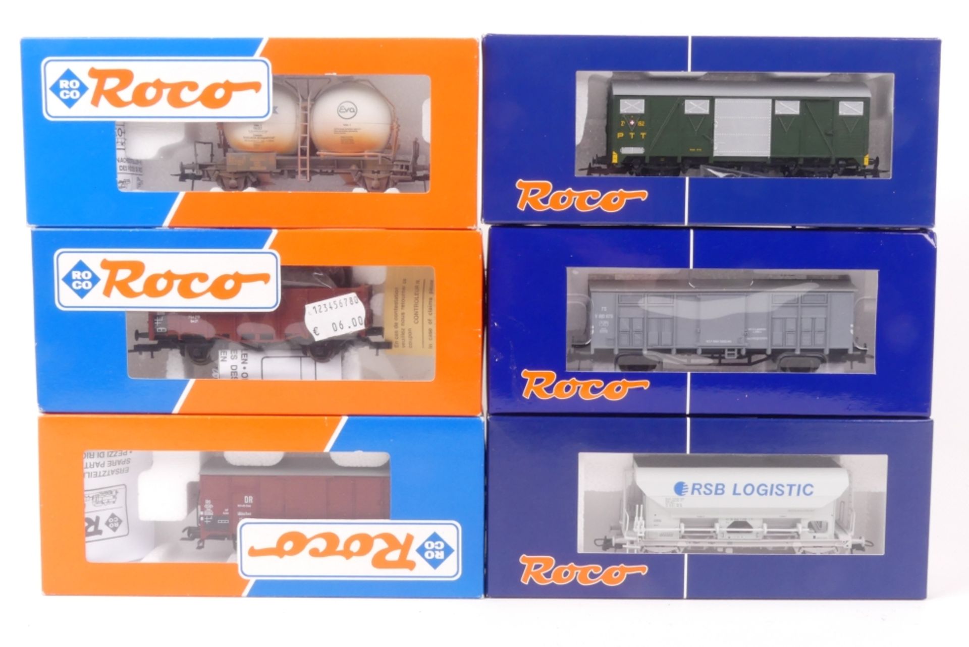 Sechs Roco GüterwagenSechs Roco Güterwagen, DR, 43145-5, braun, DB, 4873, Silo, geal