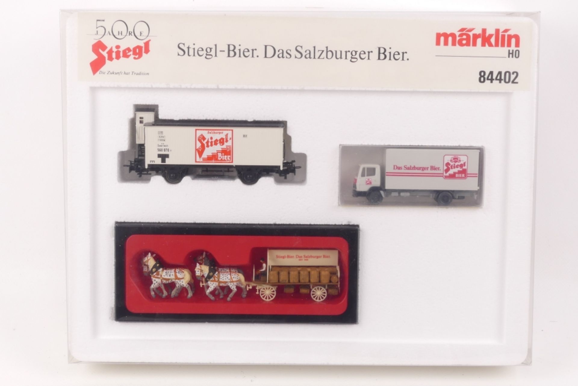 Märklin 84402Märklin 84402, Stiegl-Bier, Länderbahn-Kühlwagen, Wiking LKW, Preiser