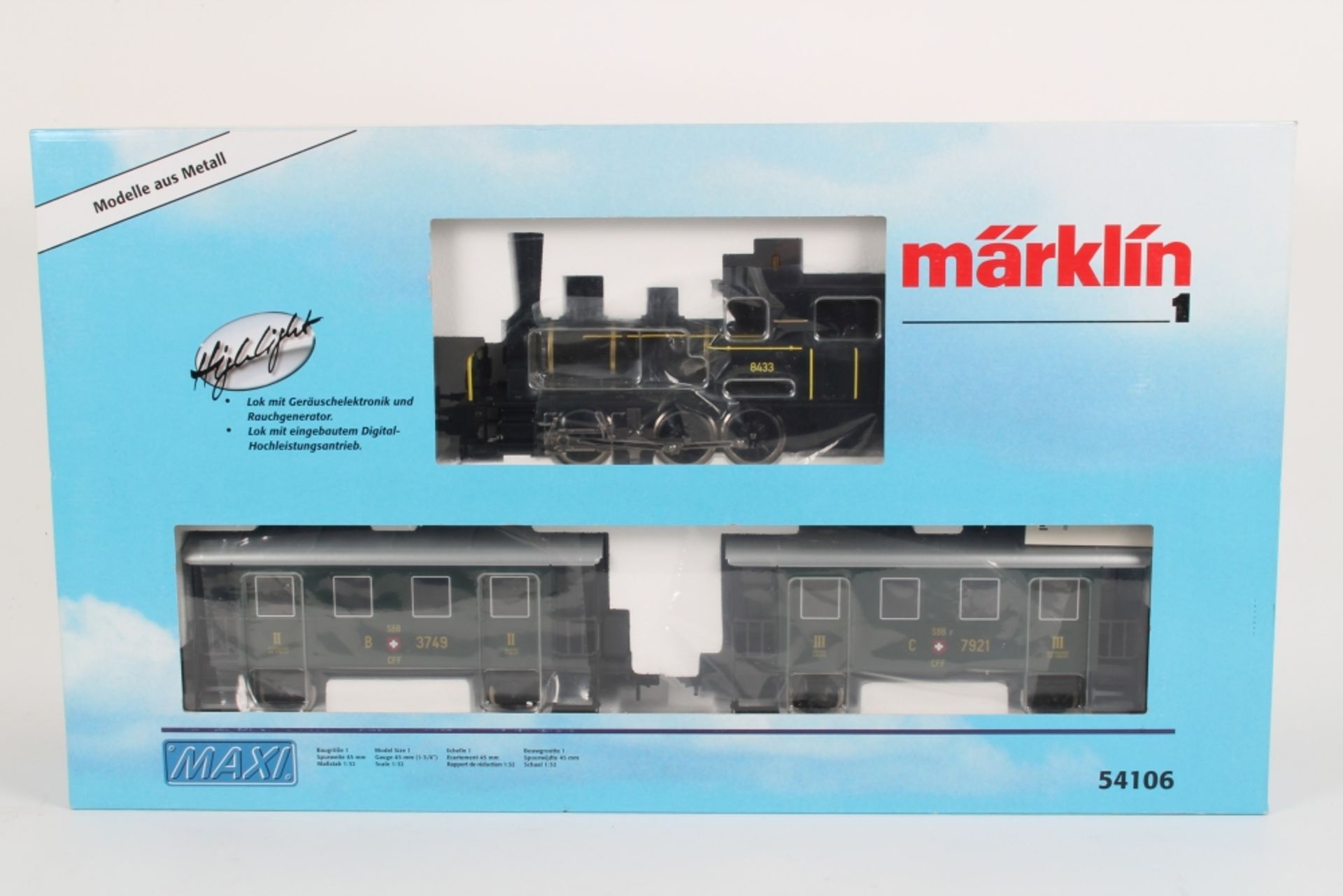 Märklin 54106, MAXI, SBB Nebenbahn-Zugpackung, Dampflok 8433, Achsfolge C, Rauchgenerator,