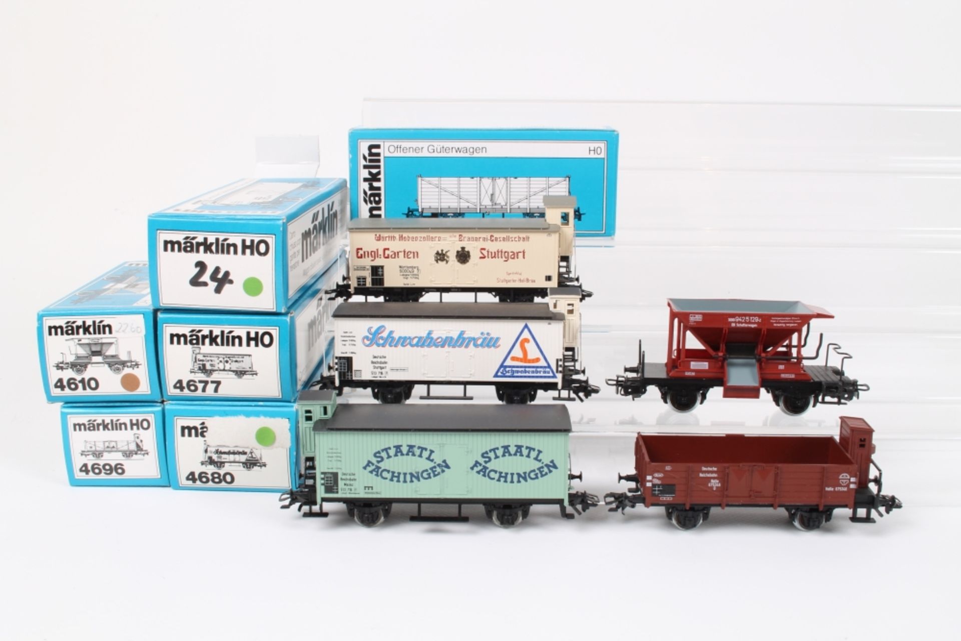 Märklin sechs Güterwagen, zwei 4680, Museumswagen 1990, 4677, 4696, 4610, sehr gut erhalten, ORK/