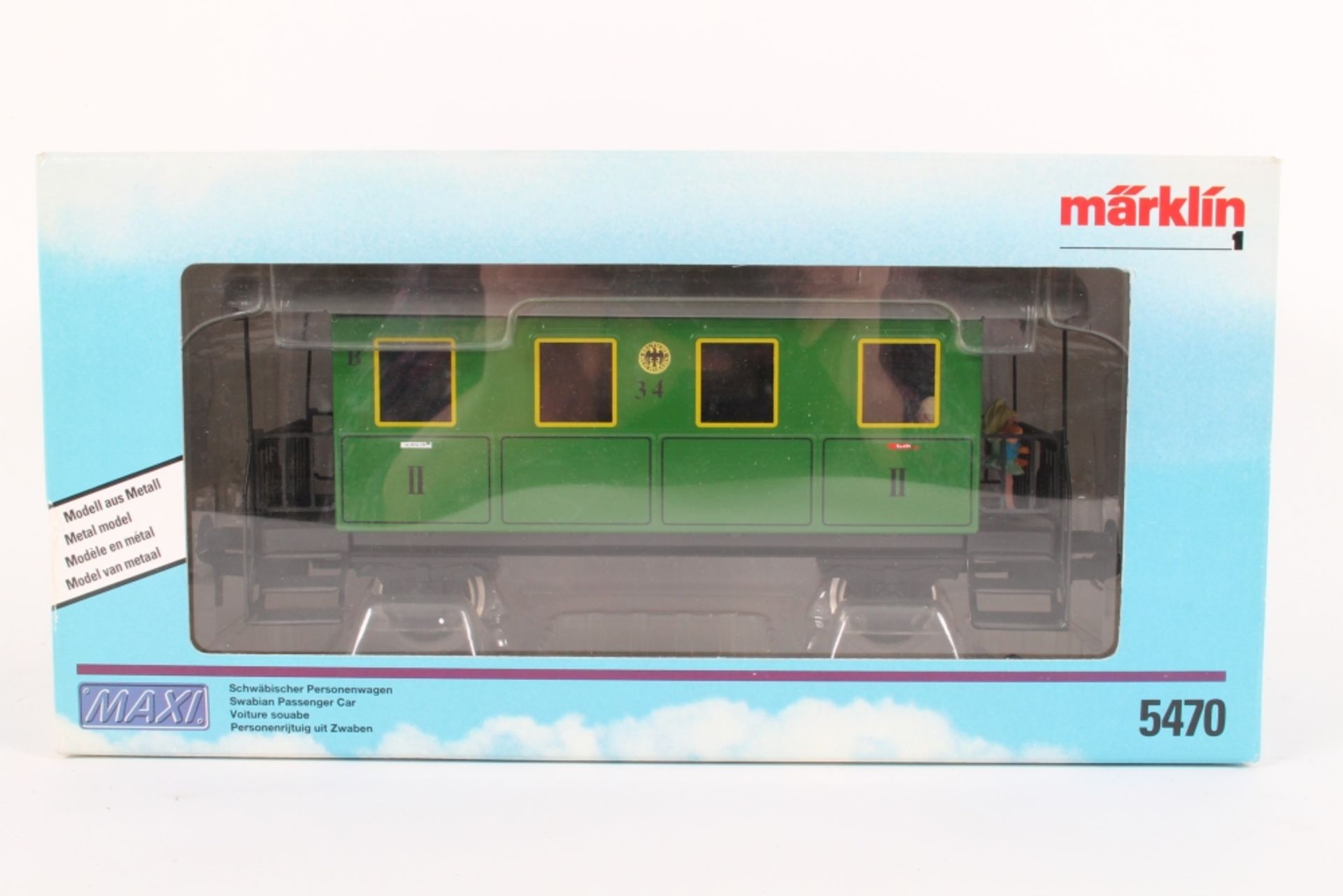 Märklin 5470, MAXI, DRG Schwäbischer Personenwagen mit Bühnen, Innenbeleuchtung und Figuren